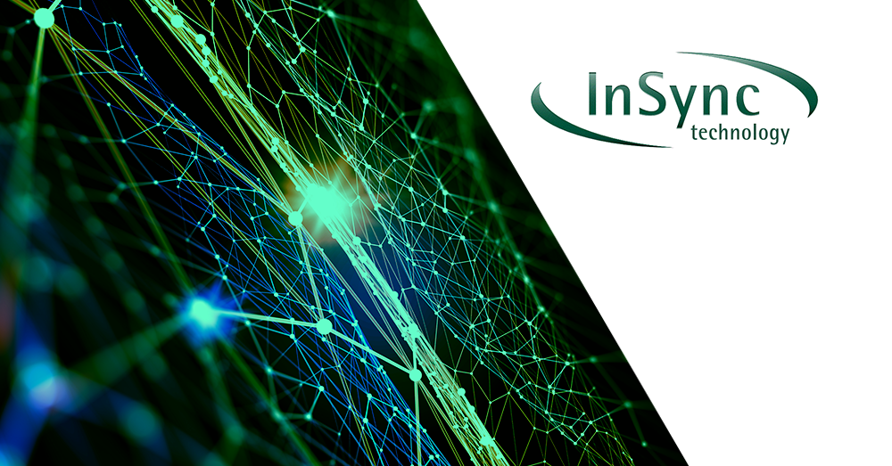 Futuristic green and blue technology background behind the InSync Technology logo